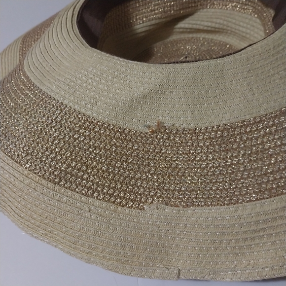 J. Crew NWOT Gold Striped Wide Brimmed Straw Hat  With Metallic Contrast - Picture 10 of 10